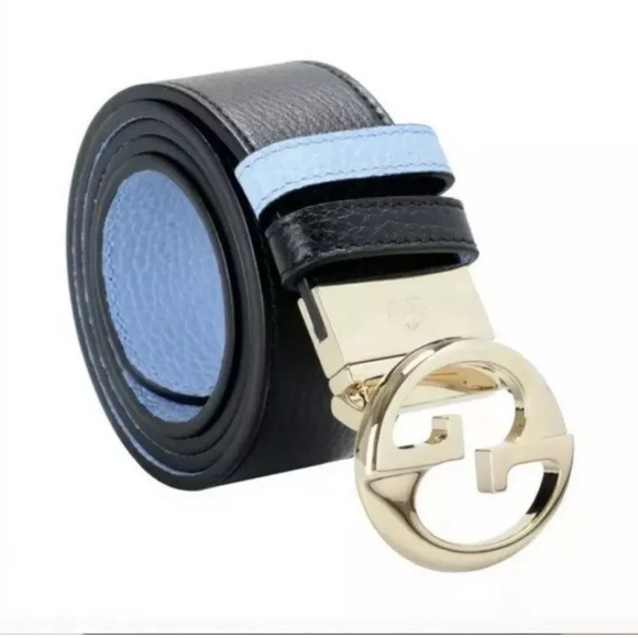 Gucci GG Dollar Calf Leather Nero Black/ Mineral Blue Reversible Belt Size 95/38 - Picture 1 of 6